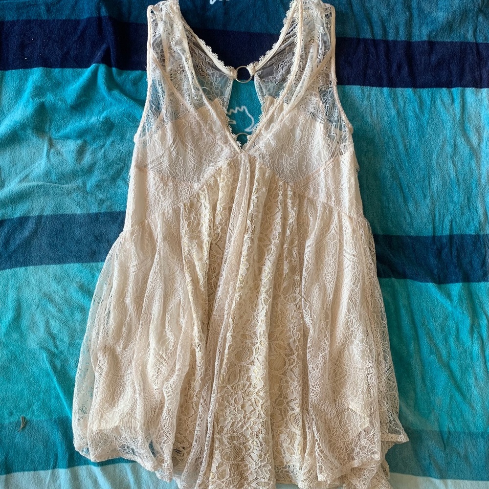 NWOT Free People white and golden floral lace mini baby doll dress - Picture 8 of 9